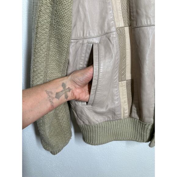 VTG SAXONY Leather Sweater Cardigan M Tan Color Block Dad Grandpa Aesthetic - Picture 5 of 16